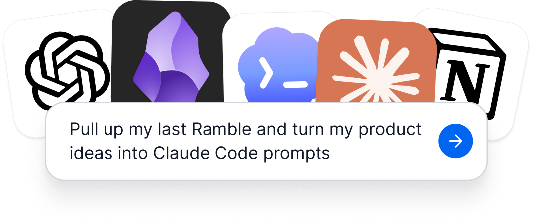 Icons of popular AI tools with a prompt box pulling in ideas from teh latest ramble